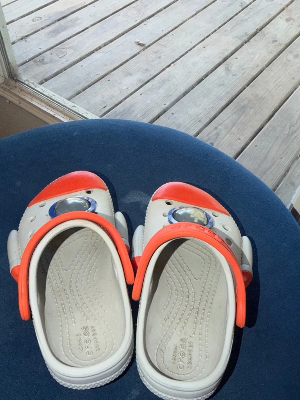CROCS Kids White & Orange Light-Up Clogs with Blue Accents